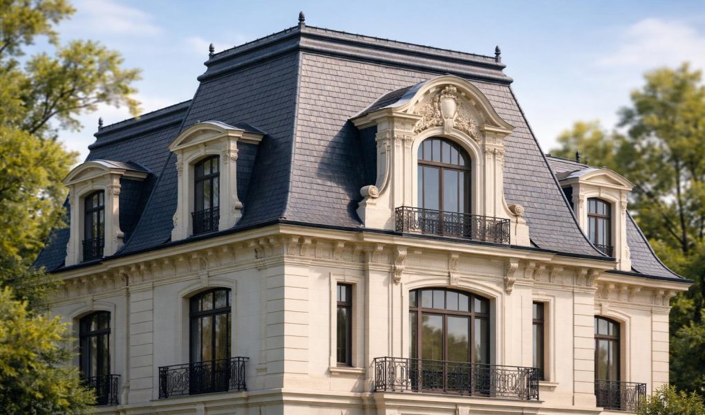 maison-elegante-toit-mansarde-ciel-arbres