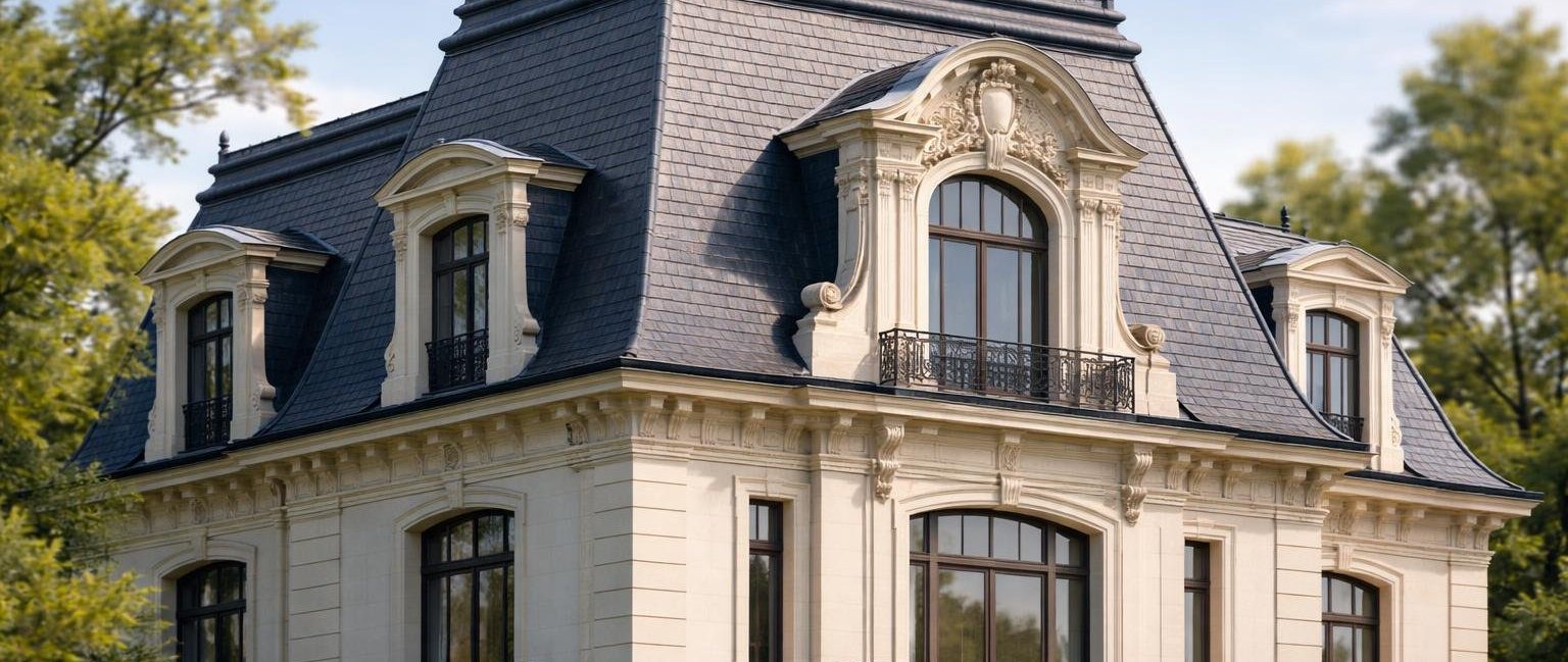 maison-elegante-toit-mansarde-ciel-arbres