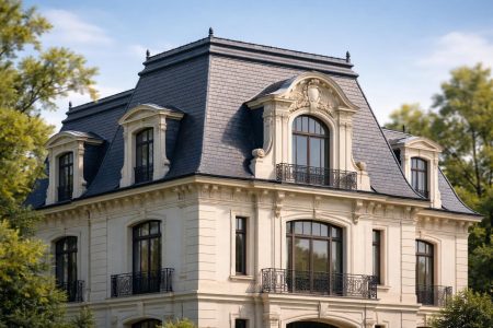 maison-elegante-toit-mansarde-ciel-arbres