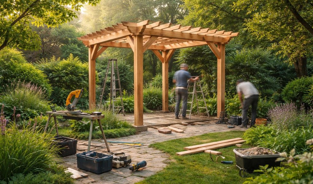 pergola-bois-jardin-ouvriers-matin
