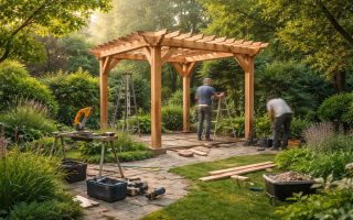 pergola-bois-jardin-ouvriers-matin