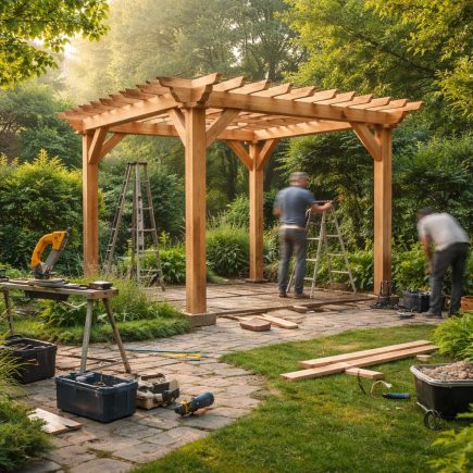 pergola-bois-jardin-ouvriers-matin