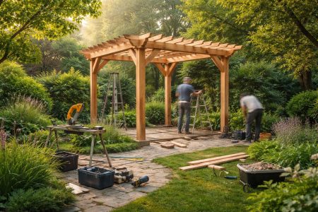 pergola-bois-jardin-ouvriers-matin