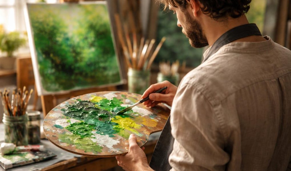 artiste-peintre-palette-nuances-vert