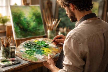 artiste-peintre-palette-nuances-vert