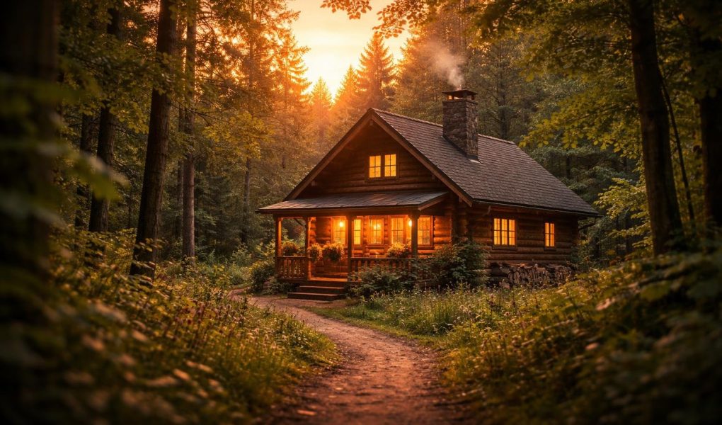 maison-rondins-foret-soleil-couchant