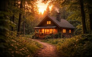 maison-rondins-foret-soleil-couchant