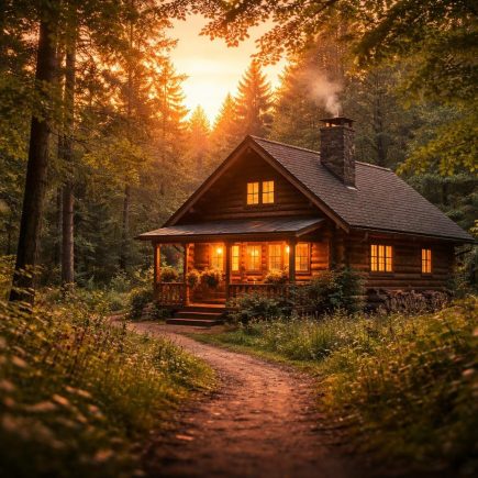 maison-rondins-foret-soleil-couchant