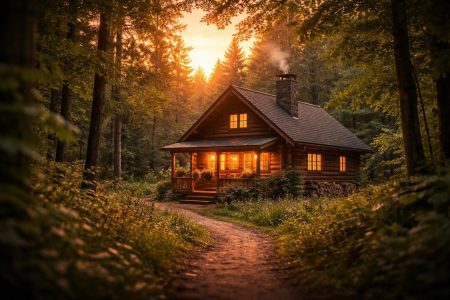 maison-rondins-foret-soleil-couchant